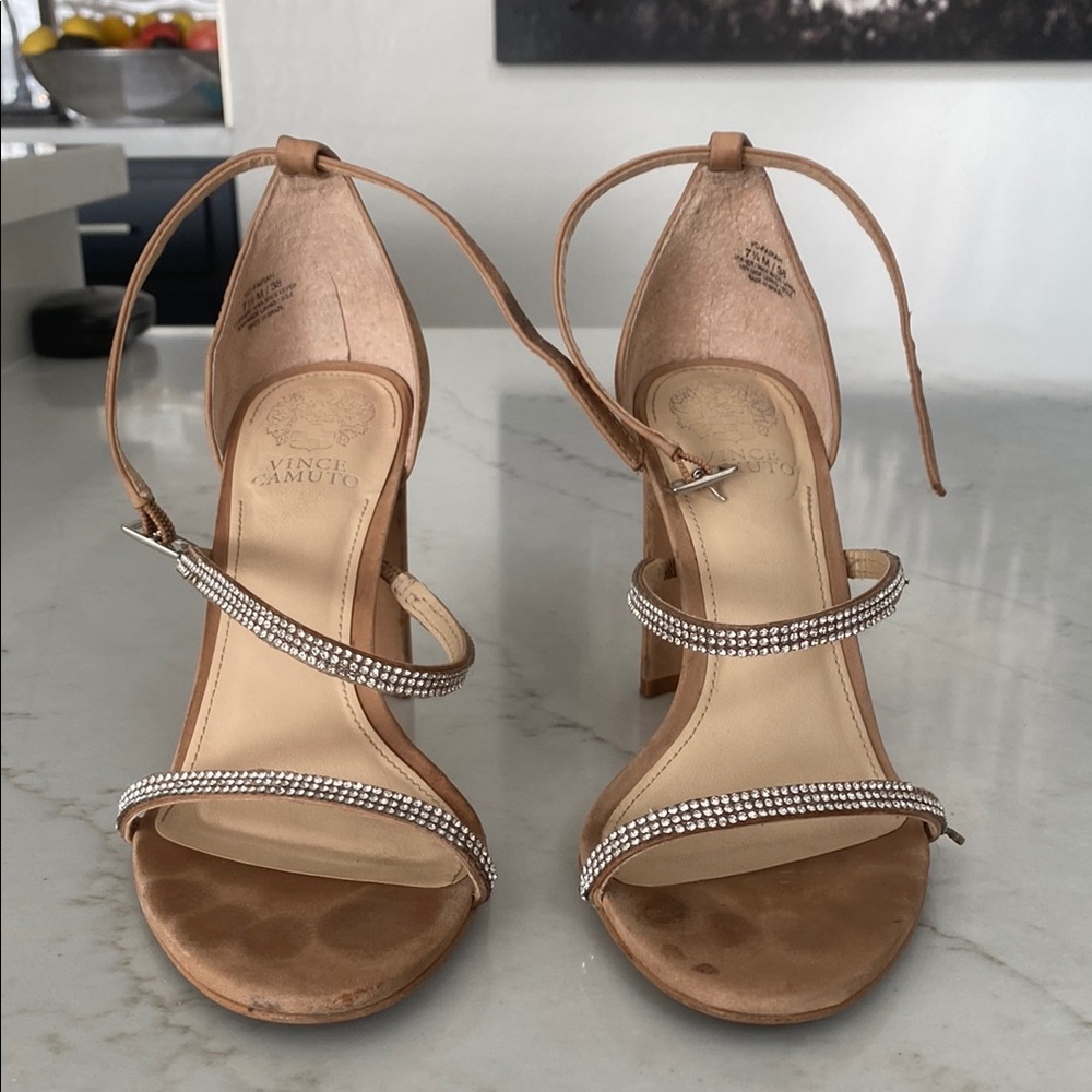 Vince Camuto Tan Heels with Rhinestone Embellishments